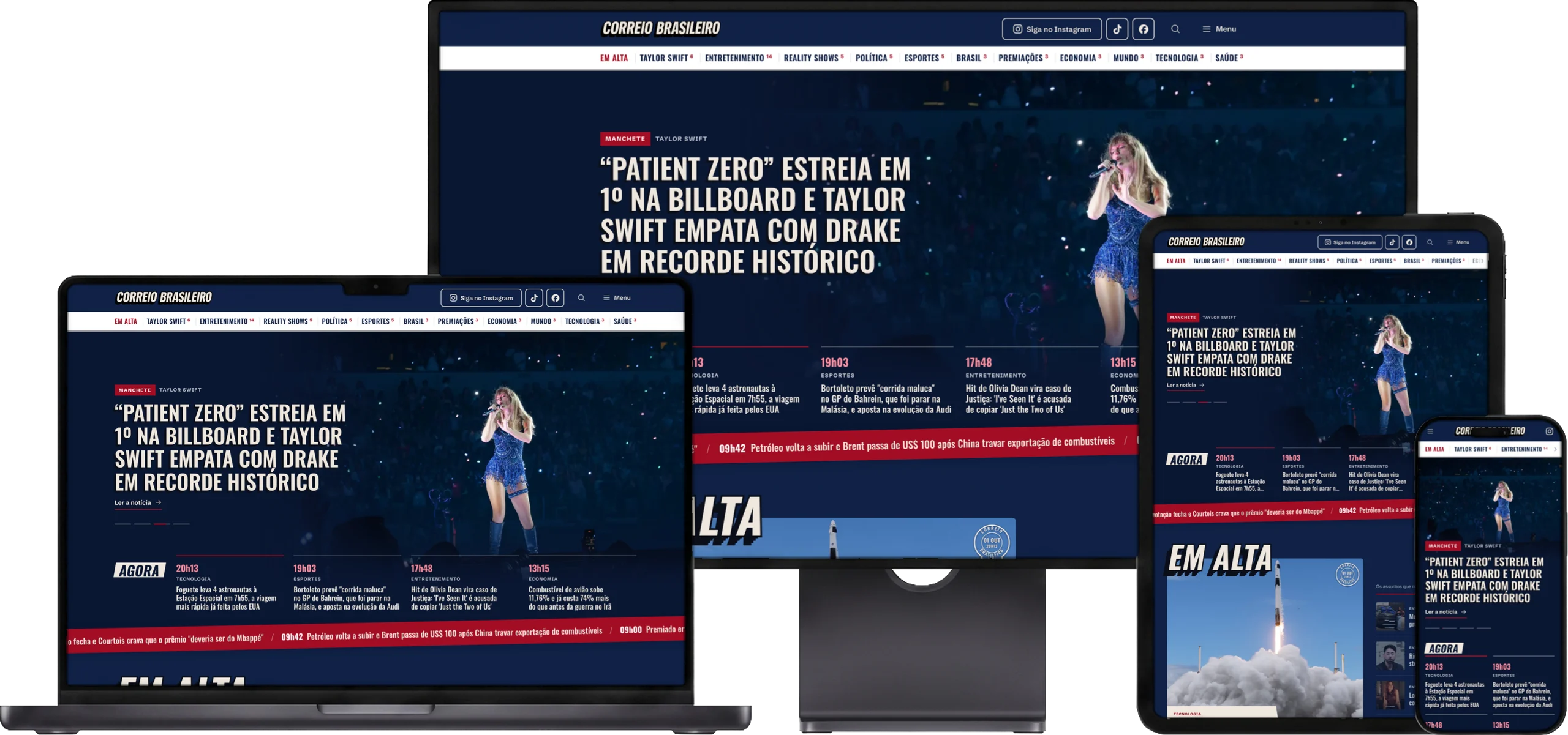 O site da Correio Brasileiro aberto num monitor, num notebook, num tablet e num celular