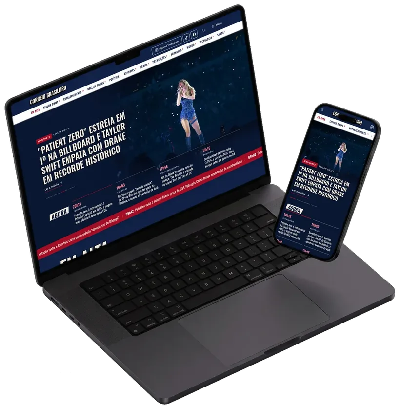 O portal do Correio Brasileiro aberto num notebook e num celular