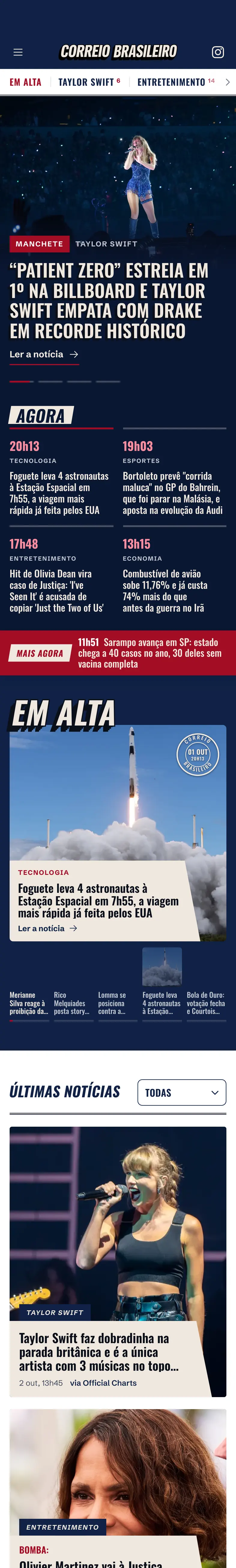 O site da Correio Brasileiro no celular, do topo até o rodapé