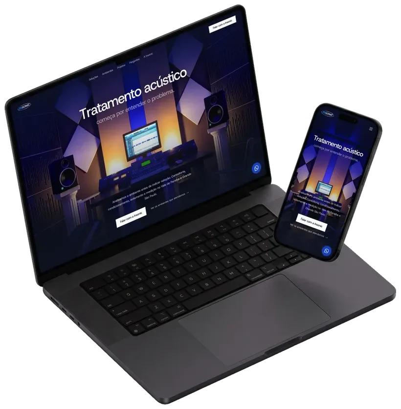 O site da Insonic Acústica aberto num notebook e num celular