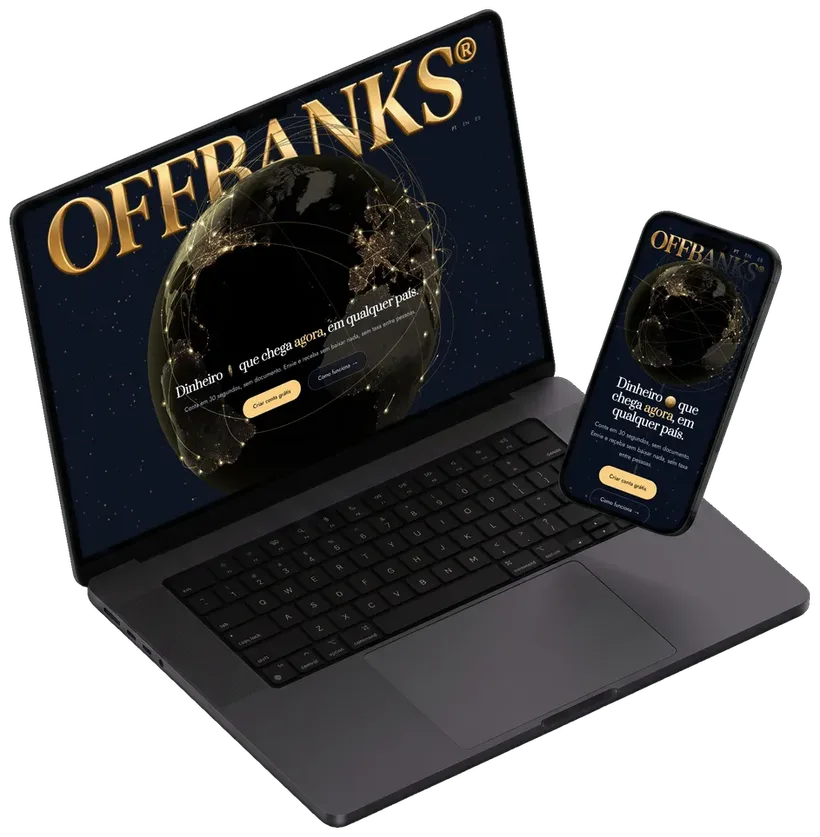 O site da OffBanks aberto num notebook e num celular