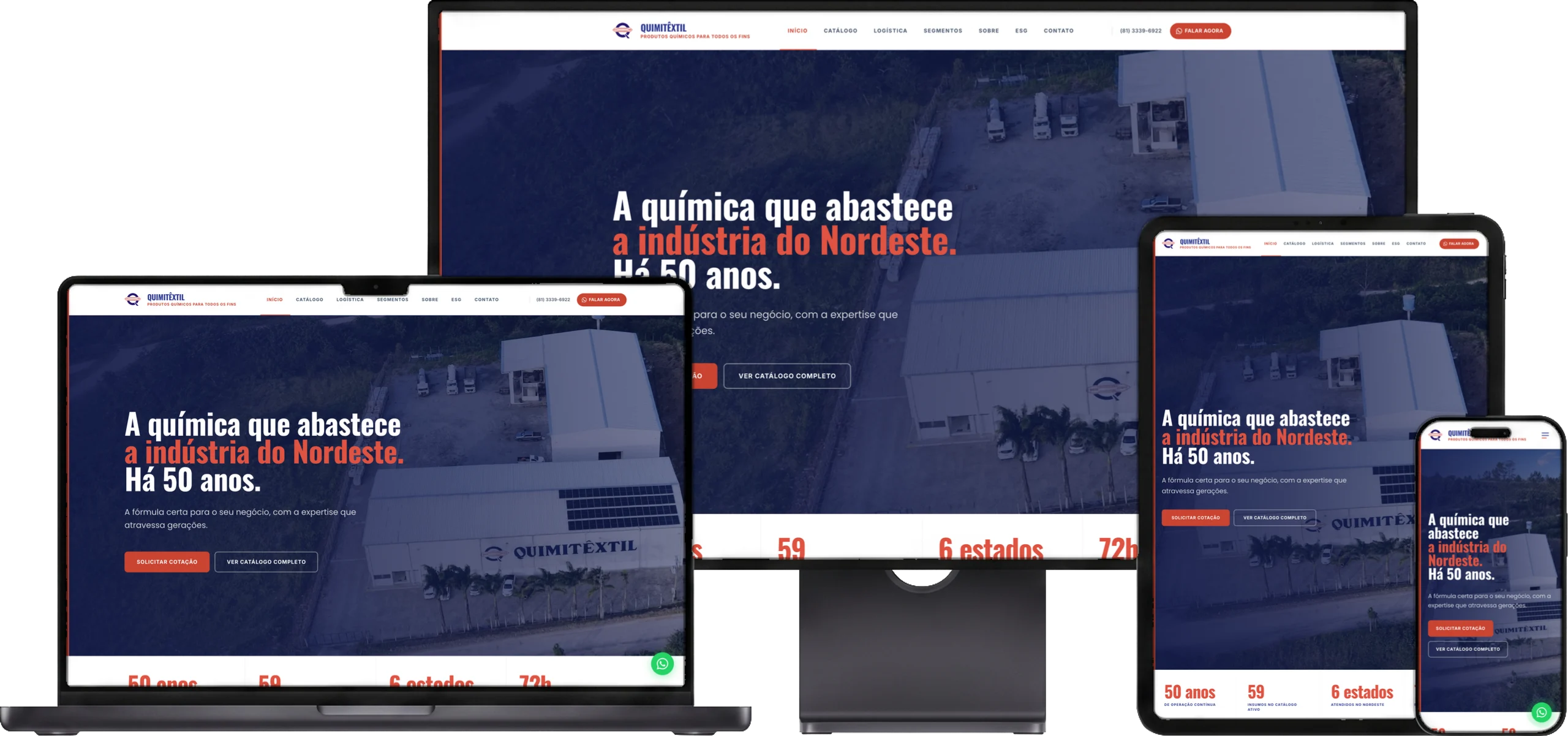 O site da Quimitêxtil aberto num monitor, num notebook, num tablet e num celular