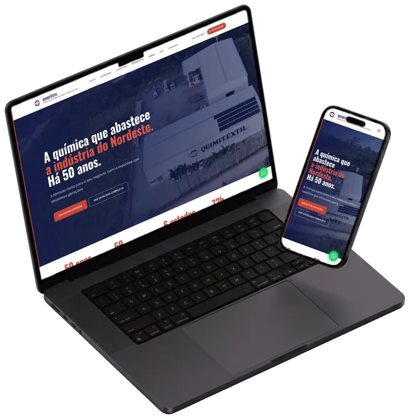 O site da Quimitêxtil aberto num notebook e num celular